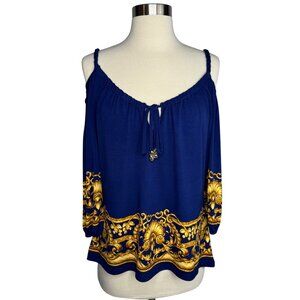 Vintage Cache Blue & Gold Baroque Pattern Cold Shoulder Blouse Size‎ Medium